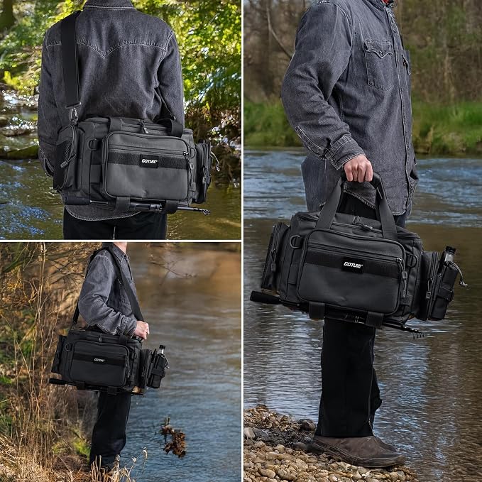 Goture Fishing Tackle Bag,Store Up to 4PCS 3700 Tackle Boxes(Not Included),600D Soft Side Water-Resistant Saltwater Gear Storage Fishing Bag with Rod Straps,Detachable Water Bottle Pouch,SBS Zippers
