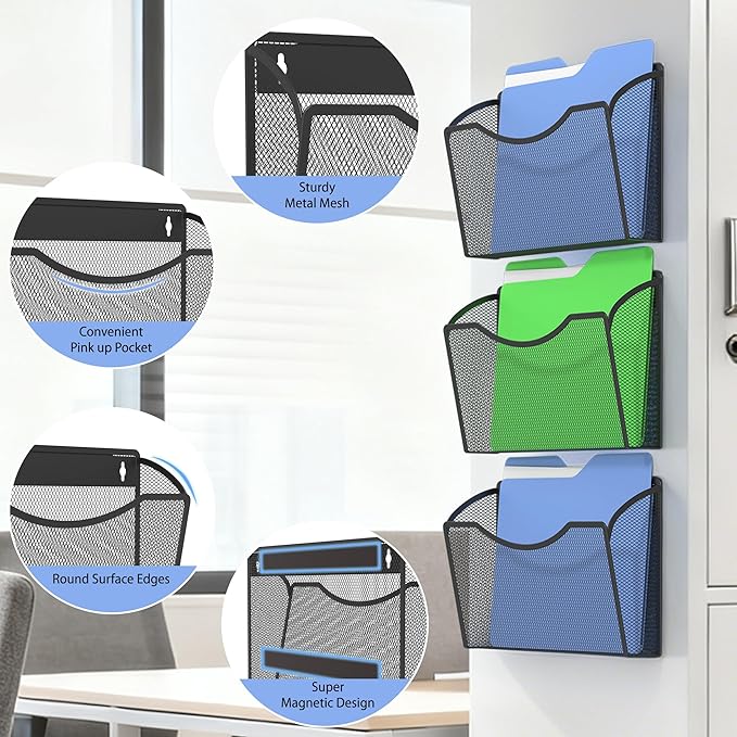 Mesh Hanging Wall File Holders, Metal Vertical Wall Basket Mail Organizer for Office/Home (Black, 3 Pack Magnetic)