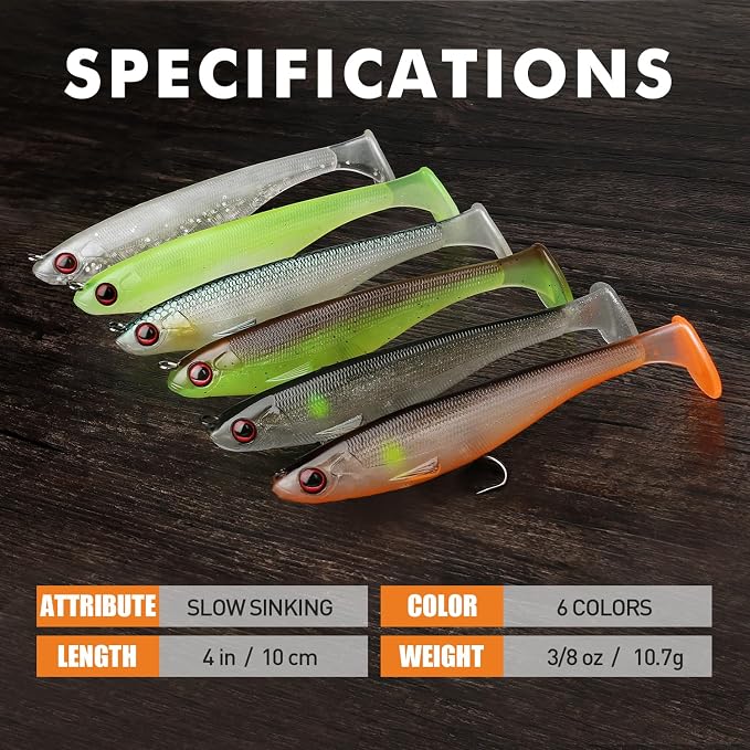 TRUSCEND Shadtale Easy Catch Soft Fishing Lures, Unique Vibration and Action for Various Rigs, Paddle Tail Swimbaits Trailer for Bass, Trout, Crappie, Walleye, Redfish, Saltwater & Freshwater Fishing