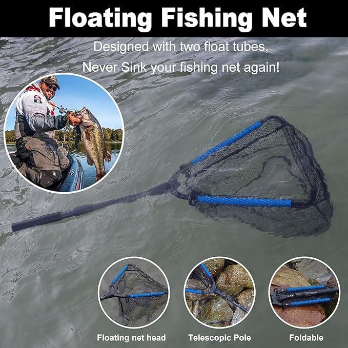 PLUSINNO Fishing Net Fish Floating Landing Net, Kayak Nets with Fixed Foldable Telescopic Pole Handle, Bass Trout Fishing Nets with Nylon Mesh for Pond Lake River, Fishing Gear Gifts for Men Anglers
