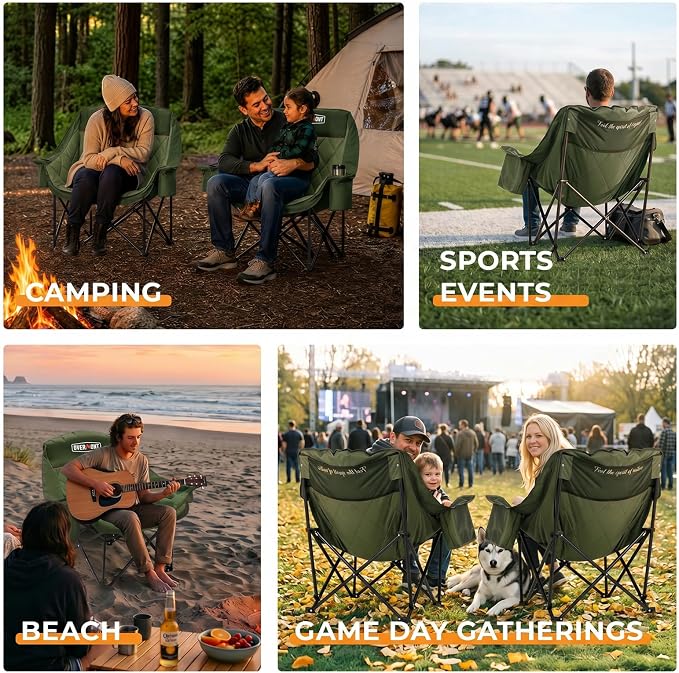 Overmont Oversized XL Camping Chair for Adults - 500lbs Support Heavy-Duty Padded Folding Chair with Side Pocket Cup Holder Cooling Bag for Outdoor Sports Garden Beach Fishing Lawn Green 2pcs