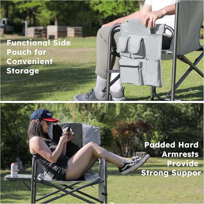 Colegence Oversized Directors Camping Chair Support 600 LBS, Heavy Duty Folding Outdoor Chairs with Detachable Side Pocket and Adjustable Side Table for Outside Beach,Lawn,Fishing (Black)