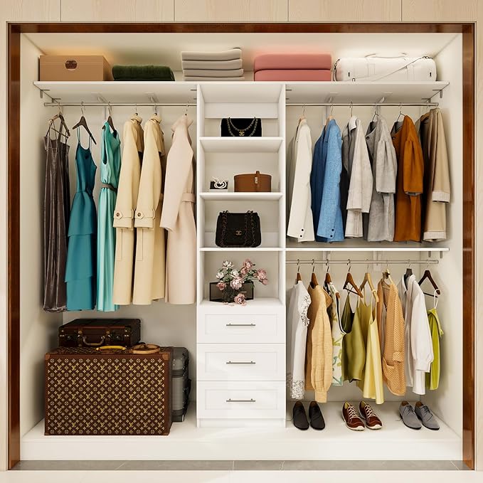 96 inch Closet System with Wooden Drawers, 5FT-8FT Closet Organizer System with Shelving Tower, Walkin Closet System with Expandable Hanging Rods & Movable Shelves, Wall Mount, 96”*14.8”*81”,White