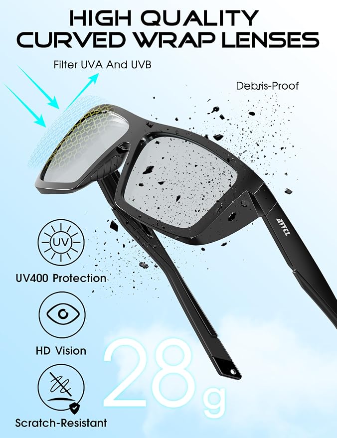 ATTCL Sports Polarized Sunglasses for Men: Secure Anti-Slip Lightweight TR90 Square Frame UV Protection for Driving Fishing