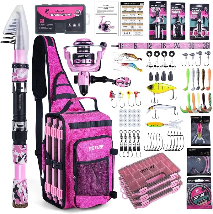 Goture Pink Fishing Rod and Reel Combo - ML Action Spinning Reel Pole with Pink Bag - Telescopic Rod Kit for Starter Travel Saltwater Freshwater, Gift for Woman