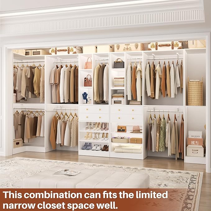 Closet System with 4 Drawers & Corner Tower, Closet Organizer System with 10 Hanging Robs, Reversible U Shaped Walk-in Closet System, Load 3600+LBS Capacity, Set of 4, White