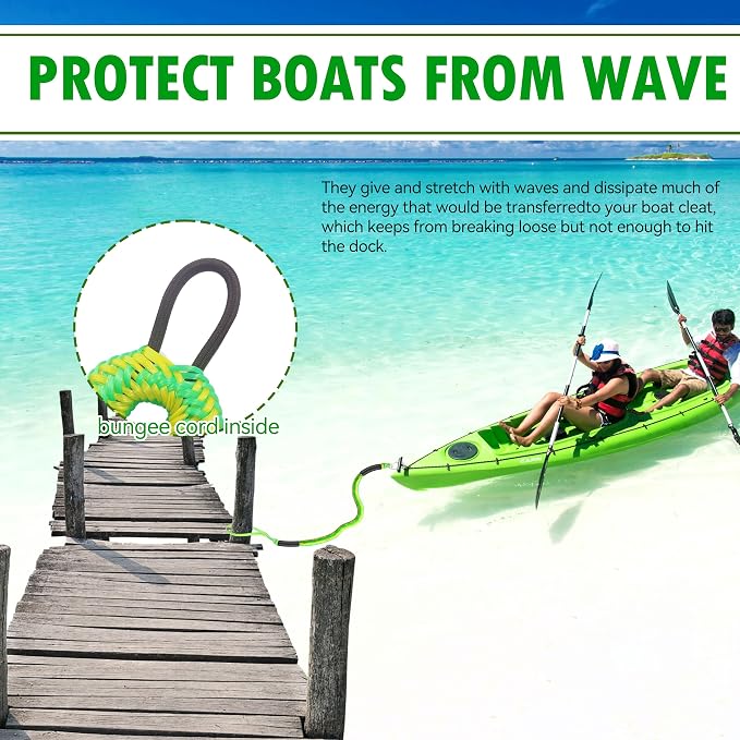 Boat Bungee Dock Lines – Adjustable Boat Tie Downs for Pontoon, Jet Ski, PWC, Kayak | Single Hook Small Cruiser Mooring Lines | (2, Green & Yellow, 4 Feet)
