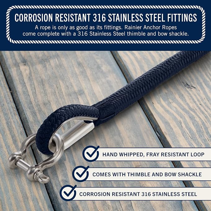 RainierSupplyCo Boat Anchor Rope - Double Braided Marine Rope Anchor Line - 50 ft x 1/4 Inch Nylon Boating Line with 316 Stainless Steel Thimble and Heavy Duty Marine Grade Bow Shackle - Navy Blue