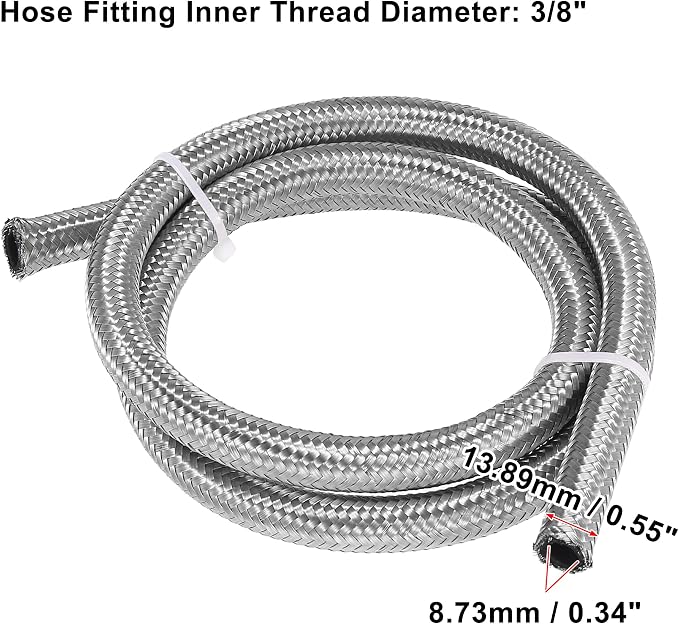 X AUTOHAUX Car Stainless Steel Braided Mesh Hose 3.3ft 3/8" AN6 Fuel Hose Oil Gas Line Silver Tone