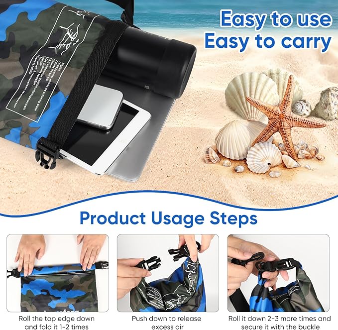 Waterproof Dry Bag 5L/10L/15L/20L/30L Roll Top Dry Storage Backpack with Phone Case, Collapsible Water Bottle, Sunglasses, Ear Band for Kayaking Boating Swimming Fishing Camping, Blue 15L