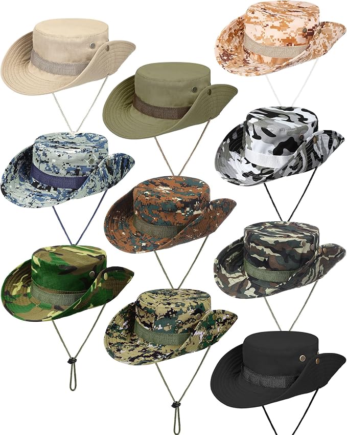 10 Pcs Wide Brim Boonie Hat Bucket Hats Camo Solid UV Sun Protection Fishing Hat for Men Women Hiking Safari Hunting