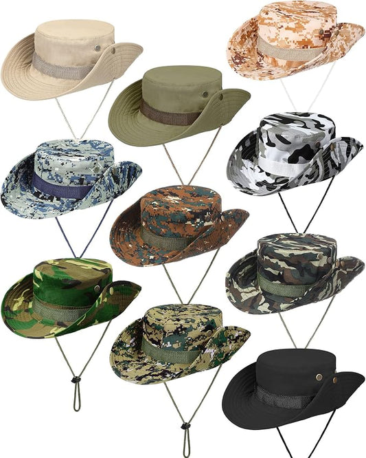 10 Pcs Wide Brim Boonie Hat Bucket Hats Camo Solid UV Sun Protection Fishing Hat for Men Women Hiking Safari Hunting