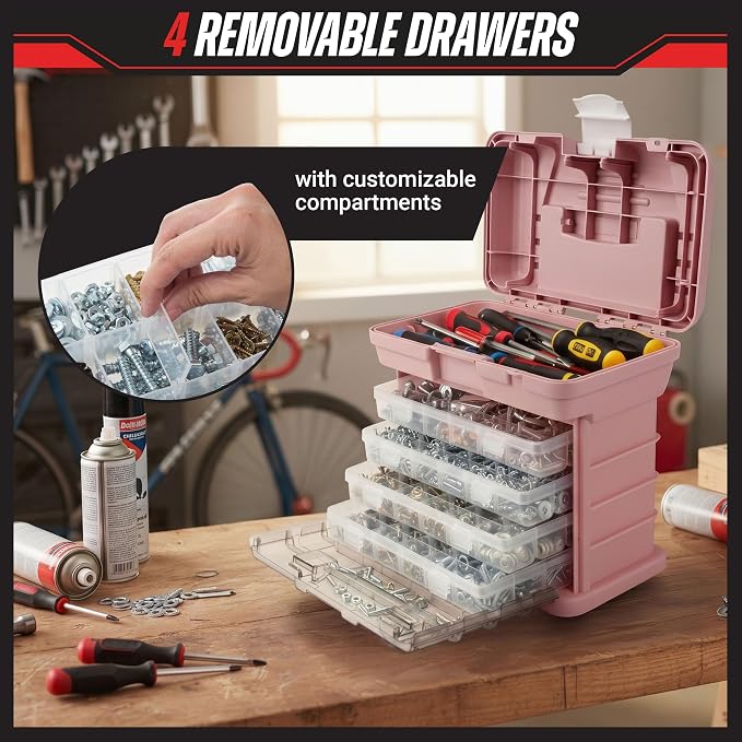 Portable Tool Box - Small Parts Organizer with Drawers and Customizable Compartments for Hardware, Fishing Tackle, Beads, or Crafts by Stalwart (Pink)