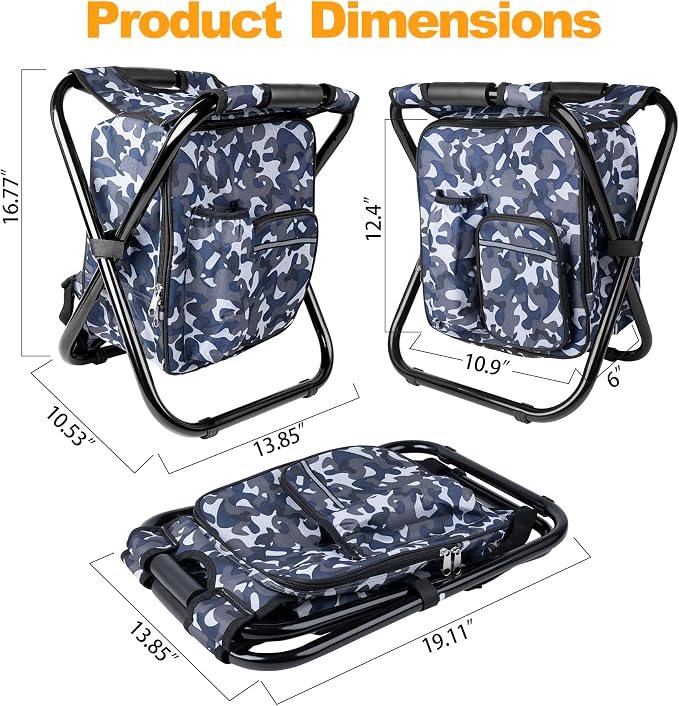 Kikerike Backpack Stool Cooler Chair Heavy Duty 300 LBS Max Load Portable Lightweight Stool Backpack Folding Fishing Cooler Seat for Camping Hunting Fishing - Arctic Camo