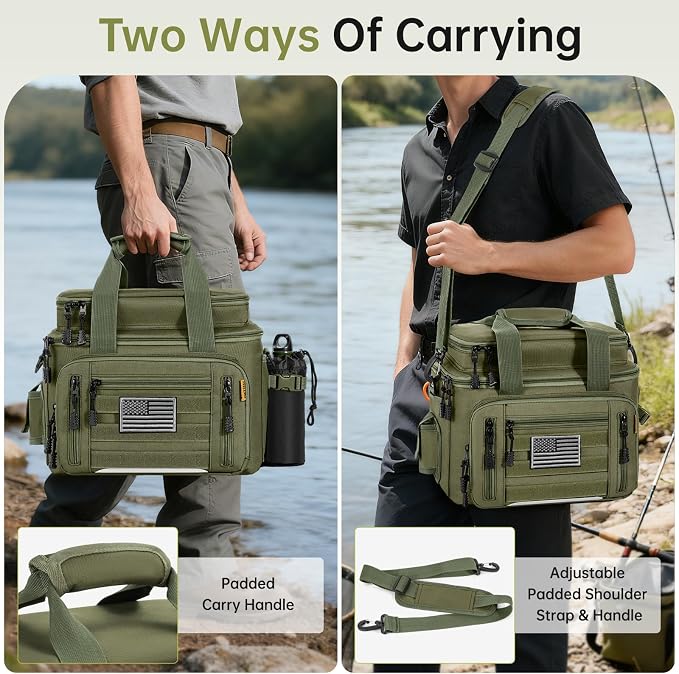 Fishing Tackle Bags with 4 * 3600 Tackle Trays - Saltwater & Freshwater Fishing Gear Bag Padded Shoulder Strap Tackle Box Bag (Green)