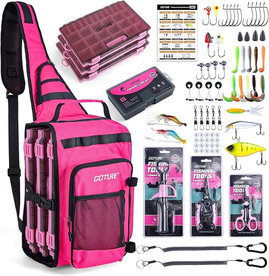 Goture OpenSide Fishing Sling Tackle Storage Bag with 3 3700 Tackle Boxes,Lures & Fishing Tools, Lightweight Fishing Backpack Storage for Fishing Gear-Pink Bag, Gift for Women