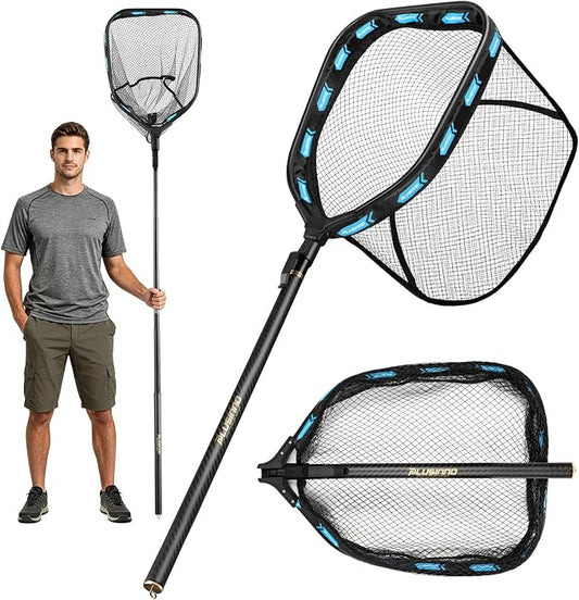 PLUSINNO Floating Fishing Net with Telescoping Handle, Carbon Fiber Ultralight Long Fish Net, Collapsible Landing Net 6.56/7.86Ft, Fishing Gear Kayak Accessories for Bass Trout Salmon