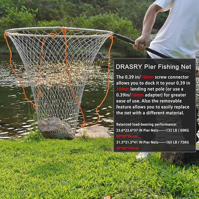 Drasry Foldable Bridge and Pier Fishing Landing Net - High Load-Bearing Aluminum Ring Drop Net for Saltwater Freshwater - Collapsible Basket With 49.2 FT Rope