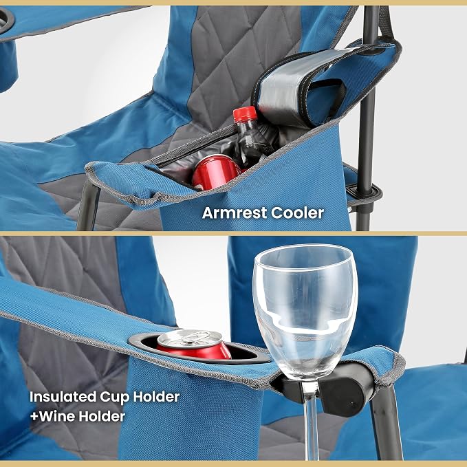 ARROWHEAD OUTDOOR Portable Deluxe Folding Camp Quad Chair w/Headrest, Glass & Cup Holders, Armest 6-can Cooler, Heavy Duty Carry Bag, 550 lbs Weight Capacity