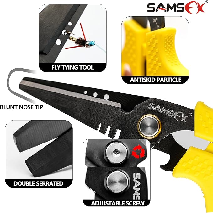 SAMSFX Fishing Braid Line Scissors Shears with Titanium Coating and Dual-Serrated Blade, Kraton Handle, Arrives with Hard Sheath and Coiled Lanyard (Yellow Kraton Handle)
