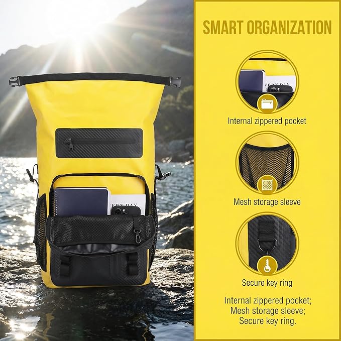 Greencity 100% Waterproof Roll-Top Dry Bag Backpack with Front Splash-Proof Pocket, Lightweight Floating Pack for Kayaking, Hiking & Travel,35L (Yellow-black)