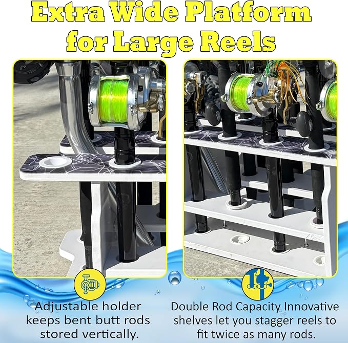 Rush Creek Creations Reel Salty 19-Rod Marine Grade Fishing Pole Holder with Tri-Level Design, UV-Resistant, 100% Waterproof Fishing Rod Holder for Garage and Dock, Blue/White