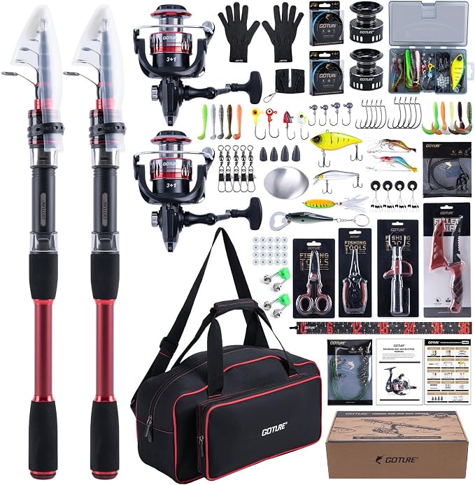 Goture Fishing Rod and Reel Combo, Red Telescopic Fishing Pole with Full Starter Kit & Carrier Bag, Portable 24T Travel Spinning Rod for Bass Trout, Freshwater Beginners Gift