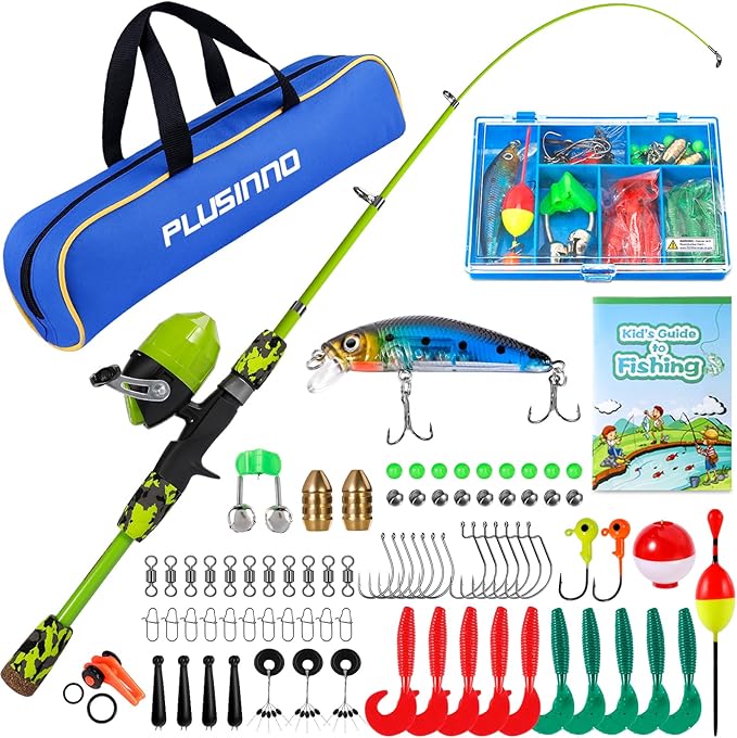PLUSINNO Kids Fishing Pole with Spincast Reel Telescopic Fishing Rod Combo Full Kits for Boys, Girls, and Adults