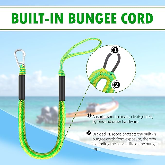 Boat Bungee Dock Lines – Adjustable Boat Tie Downs for Pontoon, Jet Ski, PWC, Kayak | Single Hook Small Cruiser Mooring Lines | (2, Green & Yellow, 4 Feet)
