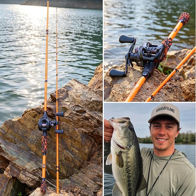 Sougayilang DC Baitcaster Combo - Digital Anti-Backlash Control, 7.2:1 Gear Ratio, 18.5LB Drag with IM7 Graphite 2-Piece Rod, EVA Handle, Stainless Steel Guides for Bass, Trout – Beginner Friendly