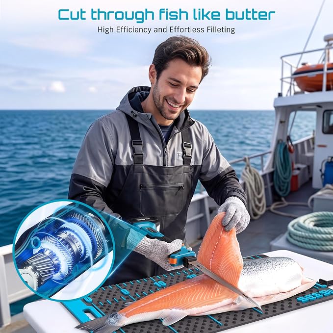Seesii Cordless Electric Fillet Knife and Fish Fillet Mat Set, High Speed Rechargeble Filet Knife, Non-Slip Grip, Anti-slip Texture With 25" Integrated Ruler for Filleting and Meat Slicing