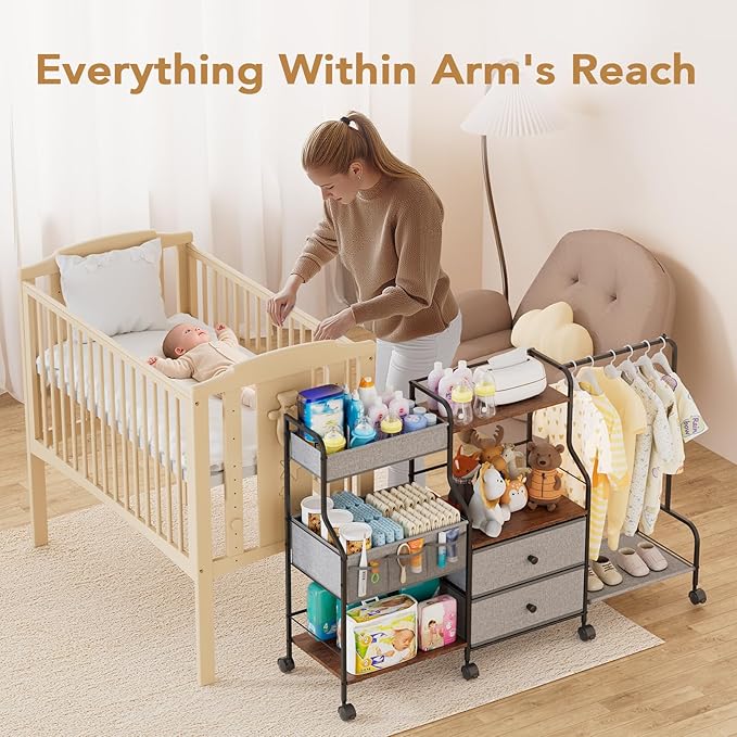 BBLIKE Diaper Caddy Organizer with Hanging Rack - 3 Tier Rolling Utility Cart with Drawers and Dividers for Baby Bottle Storage - Bedside Cart for Changing Station, Crib, Nursery, Bedroom, Gray