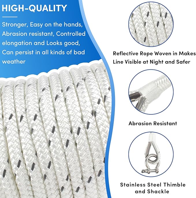 Anchor Rope 100 ft x 3/8 inch White, Double Braided Anchor Line with Stainless Steel Thimble & Shackle, Boat Rope with Reflective Strip Ideal for Towing,Mooring,Anchoring,for Boats Up to 27'