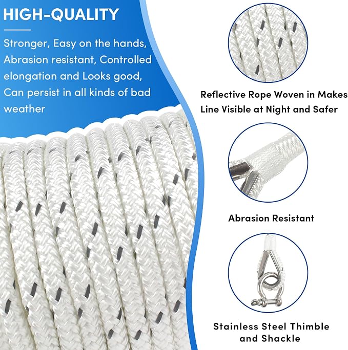 Anchor Rope 150 ft x 1/2 inch White, Double Braided Anchor Line with Stainless Steel Thimble & Shackle, Boat Rope with Reflective Strip Ideal for Towing,Mooring,Anchoring,for Boats Up to 35'