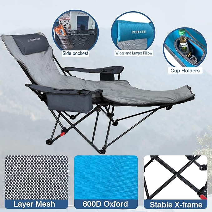 2-Pack Reclining Camping Chair 4 Position with Foot Rest Comfortable for Adults 265Ibs Folding Lounger Mesh Beach Chair with Cooler Bag,Cotton Cushion and Cup Holder for Outdoor Patio