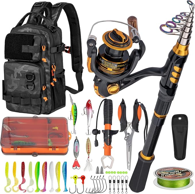 THKFISH Fishing Rod and Reel Combo with Backpack, Telescoping Fishing Pole Spinning Reel Kit with Fishing Lures, Pliers and Fish Lip Gripper for Adults