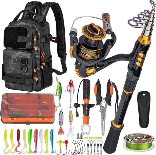 THKFISH Fishing Rod and Reel Combo with Backpack, Telescoping Fishing Pole Spinning Reel Kit with Fishing Lures, Pliers and Fish Lip Gripper for Adults