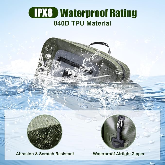 Goture Waterproof Fishing Waist Pack, IPX8 840D TPU Large Tackle Bag with Rod Holder, Airtight Zipper Closure, Fly Fishing Bag with Adjustable Waist Strap, Sling Fanny Pack with 30pcs Flies, Fly Box