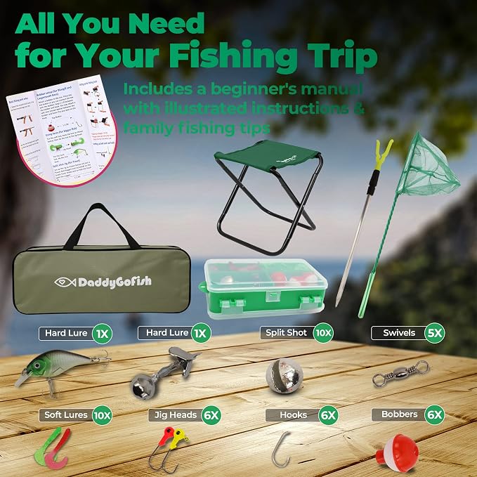 DaddyGoFish Kids Fishing Pole - Rod Reel Combo Tackle Box Starter Set - First Year Small Dock Gear Kit for Boys Girls Toddler Youth Age Beginner Little Children Junior Anglers