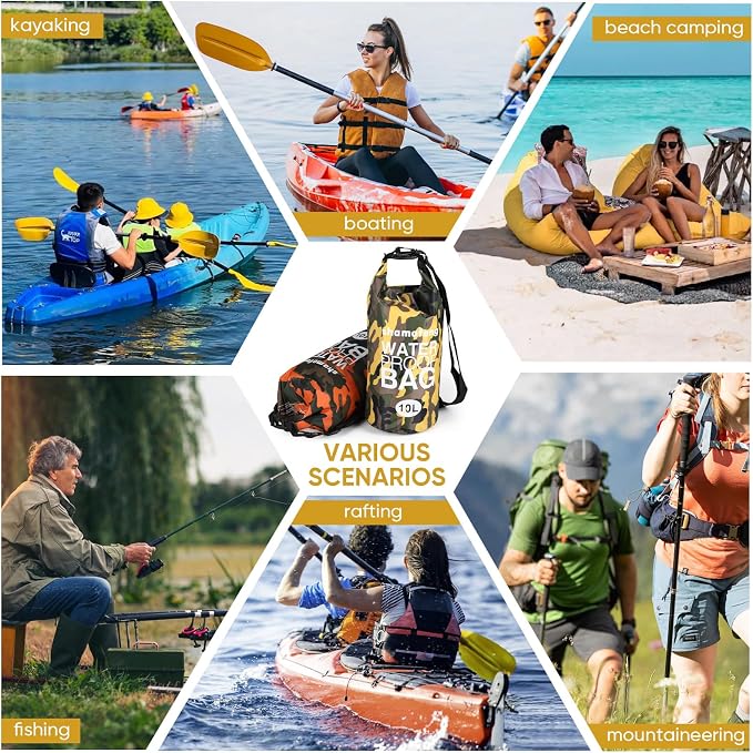 Waterproof Dry Bag 5L/10L/15L/20L/30L Roll Top Dry Storage Backpack with Phone Case, Collapsible Water Bottle, Sunglasses, Ear Band for Kayaking Boating Swimming Fishing Camping, Yellow 10L