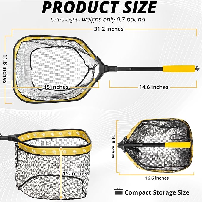 Floating Fishing Net, Collapsible Landing Net, Fish Net with Rubber Coated Polyethylene Netting for Bass, Trout, Fly Fishing, Kayak & Boat Fishing