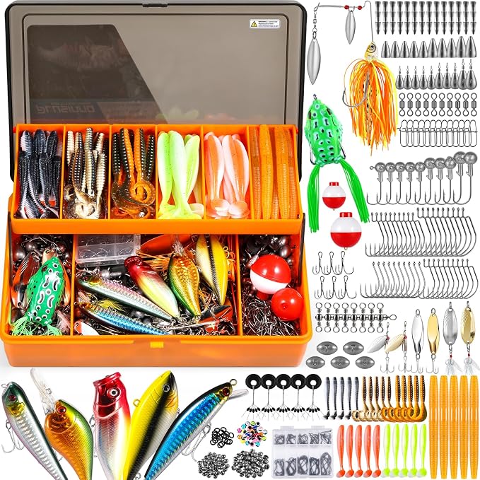 PLUSINNO 353/404 PCS Fishing Lures, Upgrade Fishing Tackle Box with Tackle Included, Crankbaits, Hooks, Weights, Other Accessories, Fishing Lure Bait Gear Equipment Kit Gift for Men Freshwater Bass