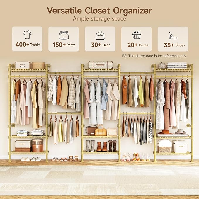 H5 Wall Mounted Closet System, Industrial Pipe Clothes Racks Clothing Rack with 4 Telescopic Rods & 3 Fixing Rods & 9 Shelves, Heavy Duty Closet Organizers and Storage in Wardrobe Closet (Gold)