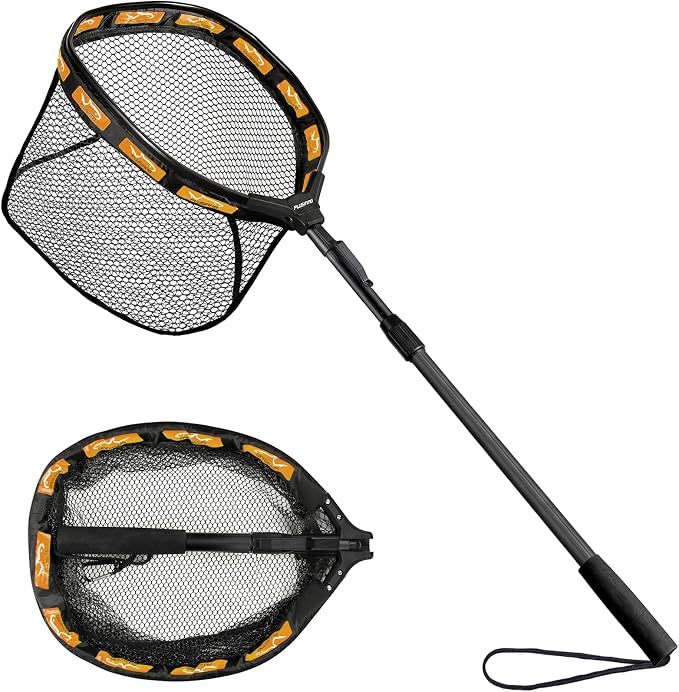 PLUSINNO Fishing Net Fish Floating Landing Net, Kayak Nets with Fixed Foldable Telescopic Pole Handle, Bass Trout Fishing Nets with Nylon Mesh for Pond Lake River, Fishing Gear Gifts for Men Anglers