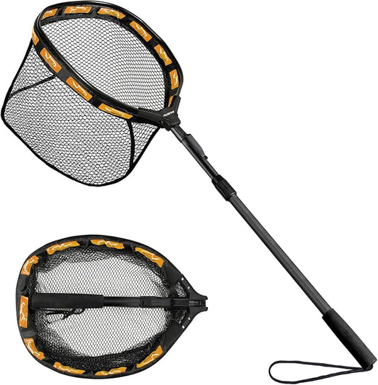 PLUSINNO Fishing Net Fish Floating Landing Net, Kayak Nets with Fixed Foldable Telescopic Pole Handle, Bass Trout Fishing Nets with Nylon Mesh for Pond Lake River, Fishing Gear Gifts for Men Anglers