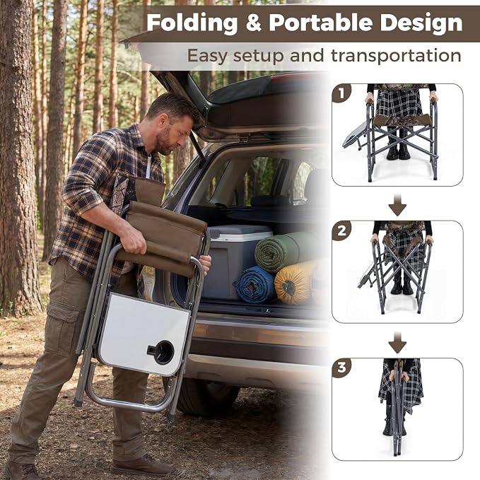 COSTWAY Folding Camping Chair, Lightweight Portable Directors Chair w/Side Table & Cup Holder, Padded Outdoor Heavy Duty Lawn Chair for Fishing, Picnic, Sports, Beach, Max Load 400 lbs (Camouflage,1)
