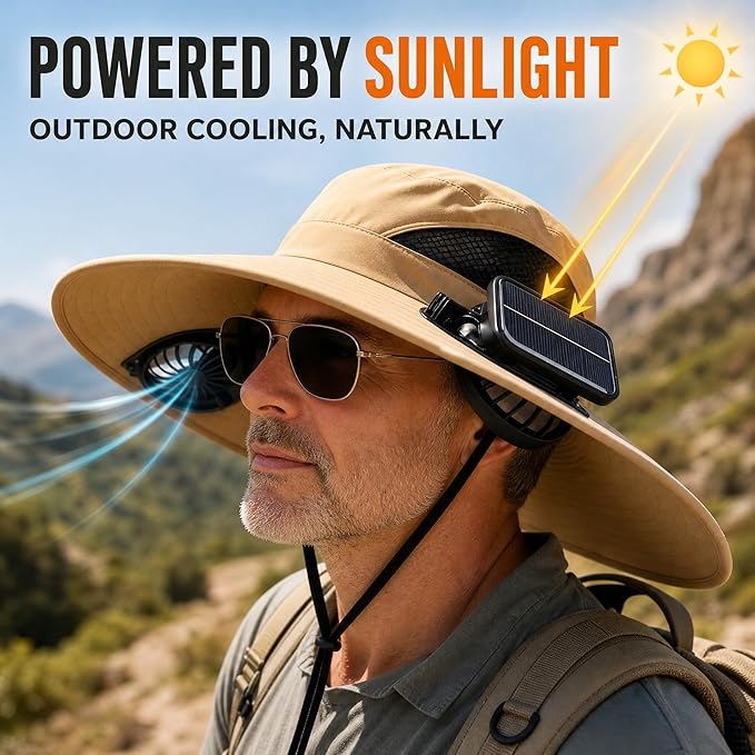 Solar Fan Fishing Hat 2 Fans – UPF 50+ UV Protection, Adjustable Bucket Hat for Outdoor