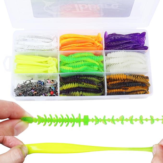 130/260Pcs Fishing Soft Lures Multi-Color Worms Set with Storage Box Silicone Threaded Bait Equipment Tackle Plastic Bait Gear for Bass, Fish Kit,Hooks,connectors, Accessories Tools,Swimbait