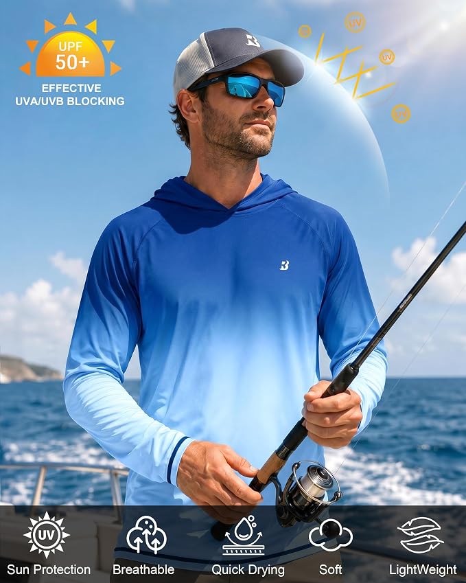 Roadbox UPF 50+ Fishing Shirts for Men, Long Sleeve UV Sun Protection Hoodie, Outdoor Hiking Running Swimming Rash Guard