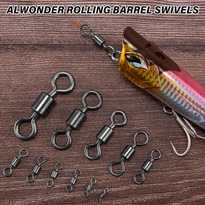 Alwonder Fishing Barrel Swivels, 40 to100-Pack Swivels Fishing Tackle Freshwater Saltwater Swivel Rolling Swivel Heavy Duty Stainless Steel Lures Leaders Line Connectors Terminal Tackle